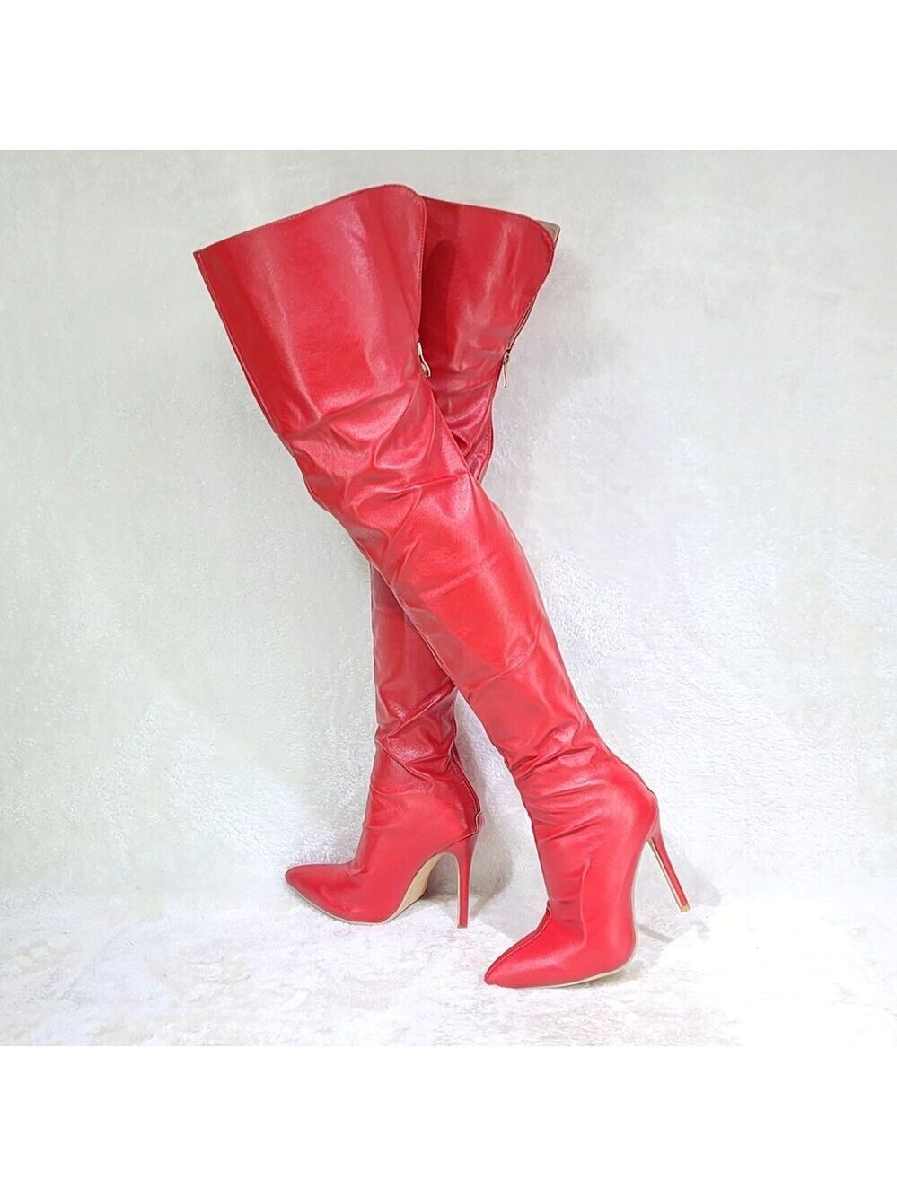 NIB Excite Stretchy Red Faux Leather Thigh High Boot Stiletto Heels Back Zipper